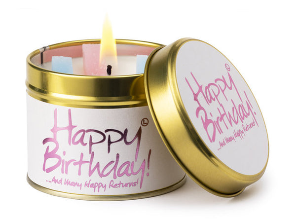 Lily-Flame Happy Birthday scented tin candle with colorful birthday-themed design and a warm, inviting glow.