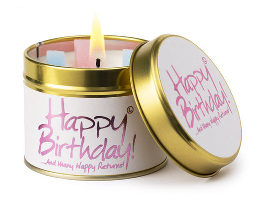Lily-Flame Happy Birthday scented tin candle with colorful birthday-themed design and a warm, inviting glow.