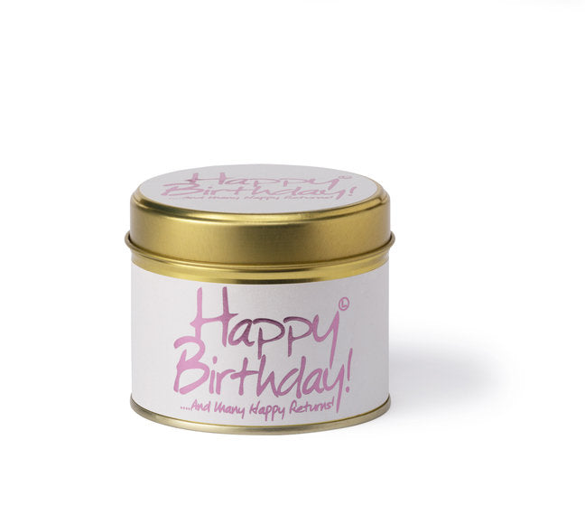 Lily-Flame Happy Birthday scented tin candle with colorful birthday cake design and decorative label.