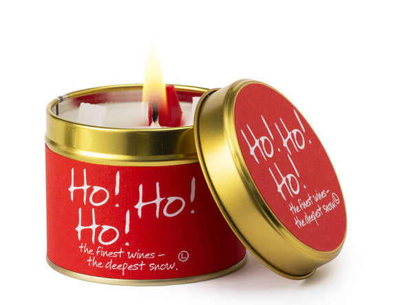 Lily-Flame Ho Ho Ho scented tin candle with festive red and white design, ideal for holiday home decor.