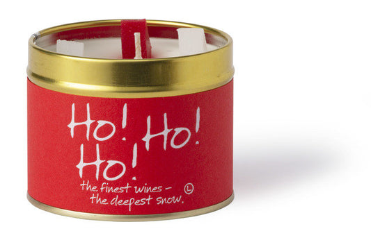 Lily-Flame Ho Ho Ho scented tin candle with festive red and green design, perfect for holiday decorating and cozy ambiance.