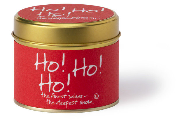 Lily-Flame Ho Ho Ho scented tin candle with festive red and white design, perfect for holiday home decor.