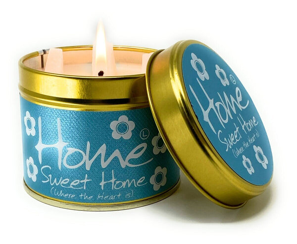 Lily-Flame Home Sweet Home scented tin candle with a decorative label, ready to add cozy fragrance to your space.