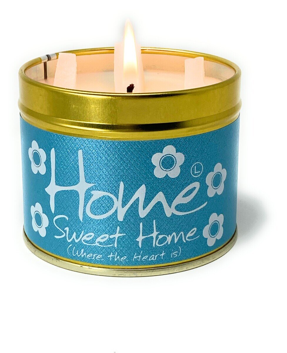 Lily-Flame Home Sweet Home scented tin candle with floral design and cozy label, perfect for home decor and fragrance.