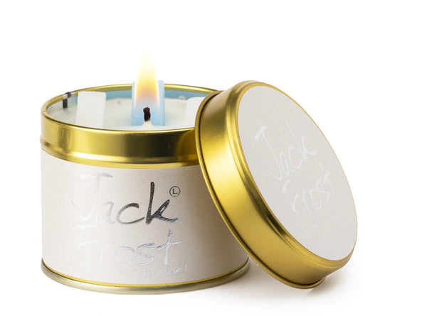 Lily-Flame Jack Frost scented tin candle with festive winter design and wintery scene on the label