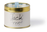 Lily-Flame Jack Frost scented tin candle with festive winter design, featuring a cozy winter scene and frosty accents.