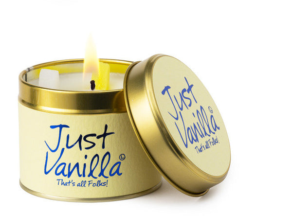 Lily-Flame Just Vanilla scented tin candle with vanilla aroma in a decorative metal tin.