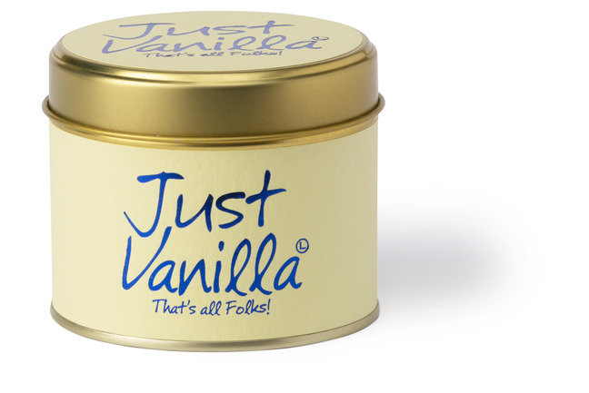 Just Vanilla scented tin candle by Lily-Flame showing a decorative vanilla-scented candle in a metal tin.