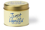 Just Vanilla scented tin candle by Lily-Flame showing a decorative vanilla-scented candle in a metal tin.