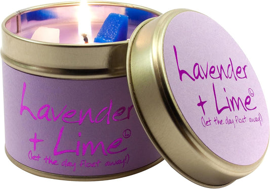 Lavender and lime scented Lily-Flame tin candle with a decorative label and metal lid, ideal for home fragrance.