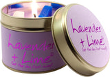 Lavender and lime scented Lily-Flame tin candle with a decorative label and metal lid, ideal for home fragrance.