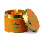 Lily-Flame Mango Fandango scented tin candle with a colorful tropical design and a wick ready to light.
