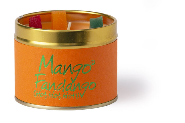 Lily-Flame Mango Fandango scented tin candle with vibrant mango and floral design on a white background