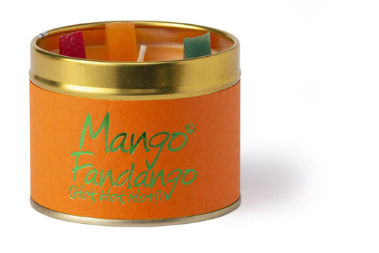 Lily-Flame Mango Fandango scented tin candle with vibrant mango and floral design on a white background