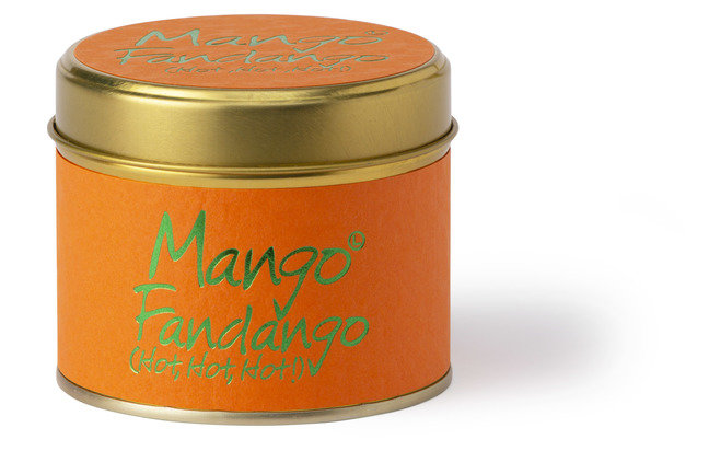 Lily-Flame Mango Fandango scented tin candle with vibrant orange and yellow mango design on a silver tin container.