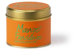 Lily-Flame Mango Fandango scented tin candle with vibrant orange and yellow mango design on a silver tin container.