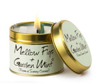 Lily-Flame Mellow Figs and Garden Mint scented tin candle with a decorative label and metal lid, perfect for home fragrance.
