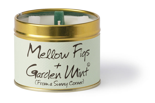 Lily-Flame Mellow Figs and Garden Mint scented tin candle with a decorative label, showing the candle inside the tin.