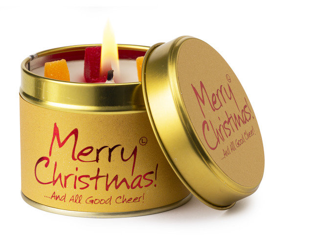 Lily-Flame Merry Christmas scented tin candle with festive holiday design and warm, seasonal scent in a metal tin container.