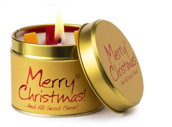 Lily-Flame Merry Christmas scented tin candle with festive holiday design and warm, seasonal scent in a metal tin container.