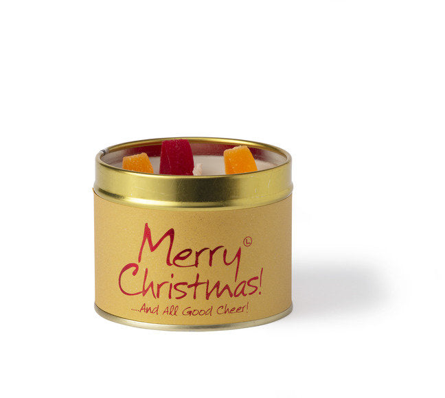 Lily-Flame Merry Christmas scented tin candle with festive holiday design and winter-themed imagery.