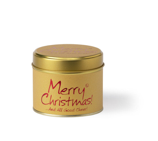 Lily-Flame Merry Christmas scented tin candle with festive holiday design, perfect for seasonal home decor and cozy ambiance.