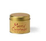 Lily-Flame Merry Christmas scented tin candle with festive holiday design, perfect for seasonal home decor and cozy ambiance.