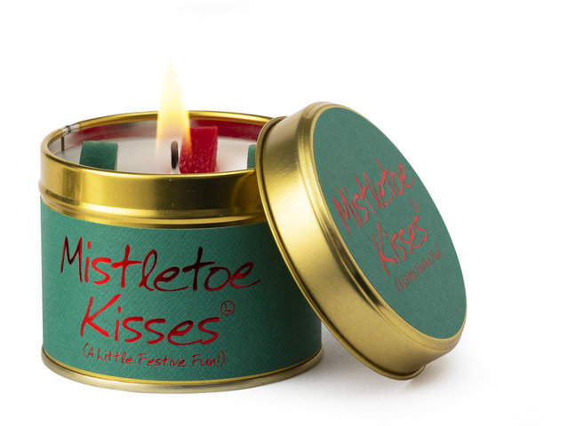 Lily-Flame Mistletoe Kisses scented tin candle with festive holiday design and mistletoe illustration on the lid.