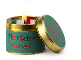 Lily-Flame Mistletoe Kisses scented tin candle with festive holiday design and mistletoe illustration on the lid.