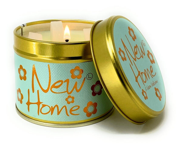 Lily-Flame New Home Scented Tin Candle with floral design and metal lid, designed for creating a welcoming atmosphere.