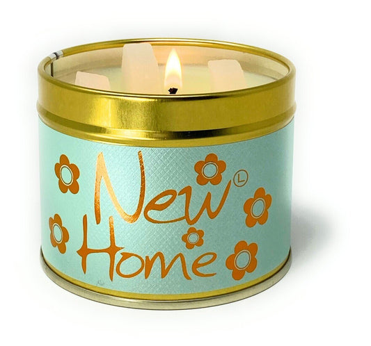 Lily-Flame New Home Scented Tin Candle with floral design, showcasing a decorative metal tin with a lid and fresh floral motifs.