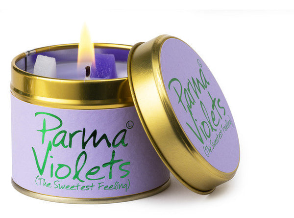 Lily-Flame Parma Violets scented tin candle with purple and floral design, ideal for home decor and fragrant ambiance.