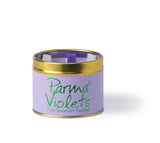 Lily-Flame Parma Violets scented tin candle with floral design and purple packaging, ideal for home decor and aromatic ambiance.