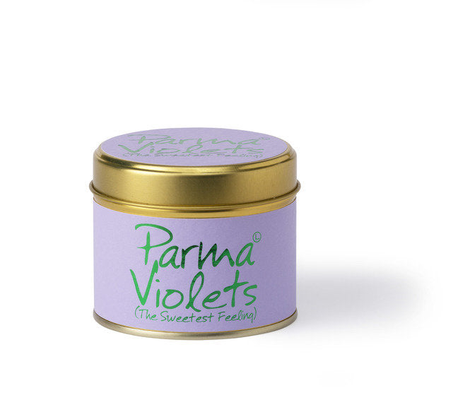 Lily-Flame Parma Violets scented tin candle with floral purple packaging and a vintage label design.