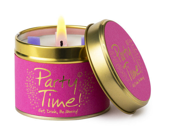 Lily-Flame Party Time scented tin candle with colorful decorative design, perfect for festive and cozy ambiance.