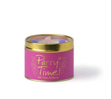 Lily-Flame Party Time scented tin candle with colorful party hat design and festive decorations on the metal container.