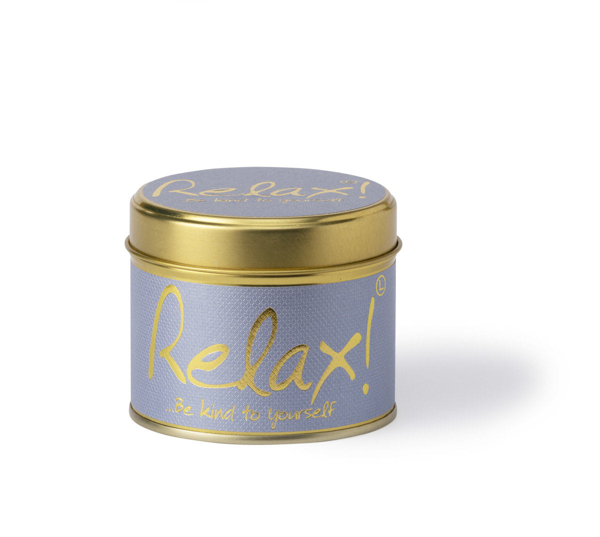 Lily-Flame Relax scented tin candle with a decorative label and open lid, showcasing the candle inside.