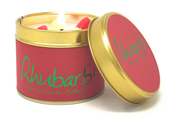Rhubarb scented tin candle by Lily-Flame with a vintage-inspired design, featuring a silver lid and colorful floral artwork.
