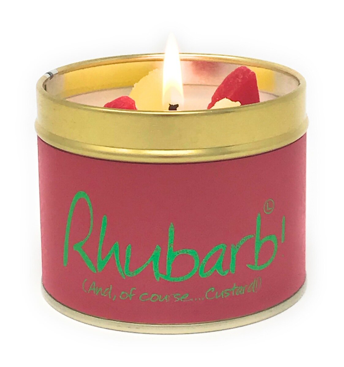 Lily-Flame Rhubarb scented tin candle with a vintage floral design, ideal for home decor and aromatic ambiance.