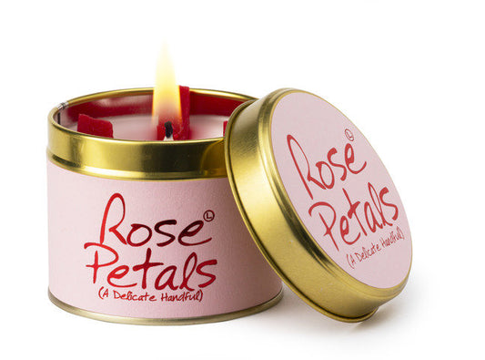 Lily-Flame Rose Petals Scented Tin Candle with decorative rose petal design and warm, inviting aroma.
