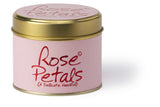 Lily-Flame Rose Petals Scented Tin Candle with decorative rose petal design on the container for a romantic ambiance.