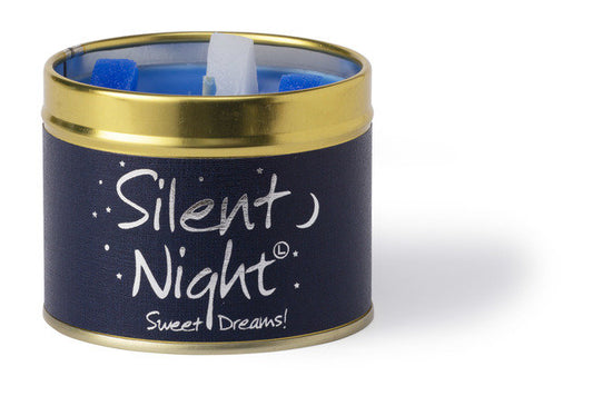Lily-Flame Silent Night scented tin candle with festive holiday design and label, perfect for cozy home ambiance.