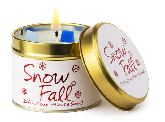 Lily-Flame Snow Fall scented tin candle with festive winter-themed design and a cozy, decorative appearance.