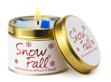 Lily-Flame Snow Fall scented tin candle with festive winter-themed design and a cozy, decorative appearance.