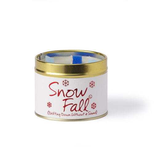 Lily-Flame Snow Fall scented tin candle with winter-themed design, ready for cozy home decor or gift use