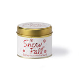 Lily-Flame Snow Fall scented tin candle with winter scene design, 10 oz size, perfect for cozy home decor and fragrance.
