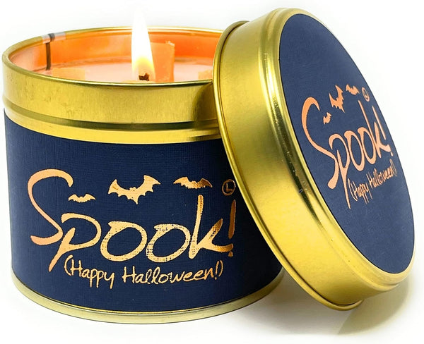 Lily-Flame Spook! Happy Halloween scented tin candle with spooky Halloween design and festive orange and black colors.