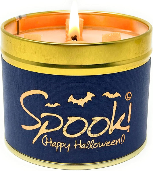 Lily-Flame Spook! Happy Halloween scented tin candle with Halloween-themed design and festive orange and black colors.