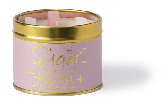 Lily-Flame Sugar Rush scented tin candle with colorful packaging and a festive design.