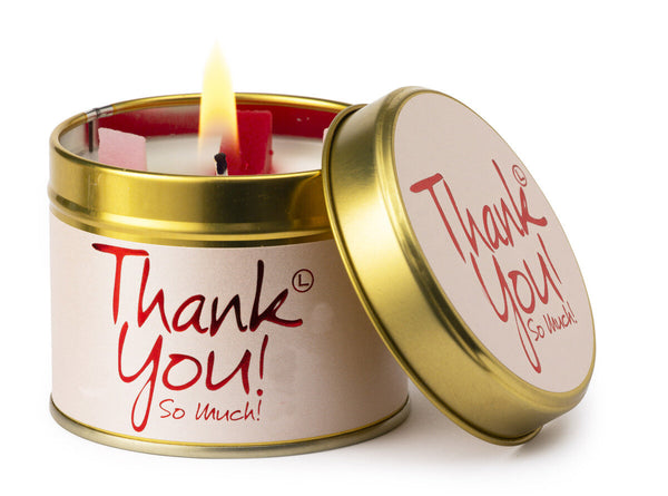 Lily-Flame Thank You scented tin candle with floral design and label, small decorative candle in a metal tin container.